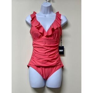 NWT DKNY Pink One-Piece Swimsuit, Ruching, Ruffles, Sz 8